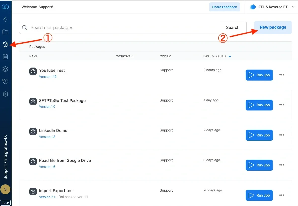 Packages menu with New package button highlighted