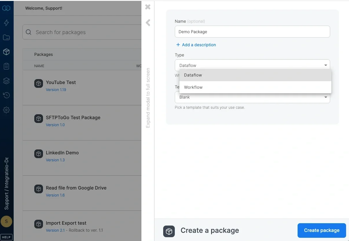 New package dialog with name, description, and type options