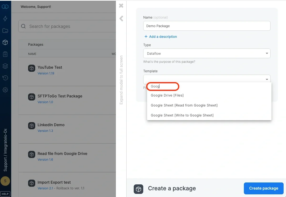 Filtered list of available package templates