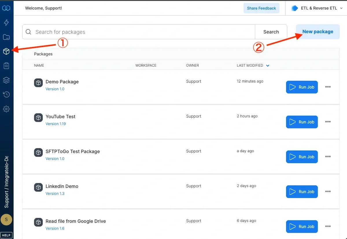 Packages menu with New package button