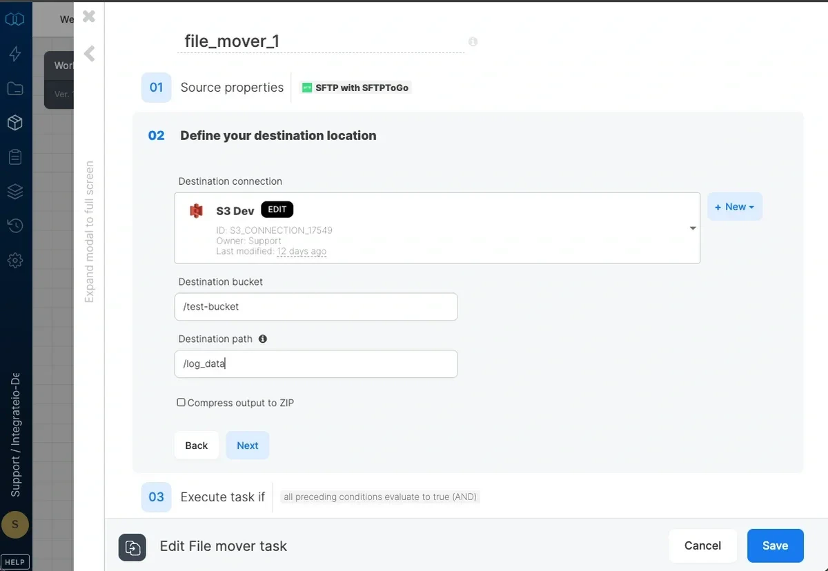 File mover task destination connection and path configuration