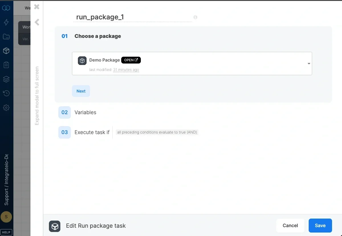Run package task with package selector dropdown