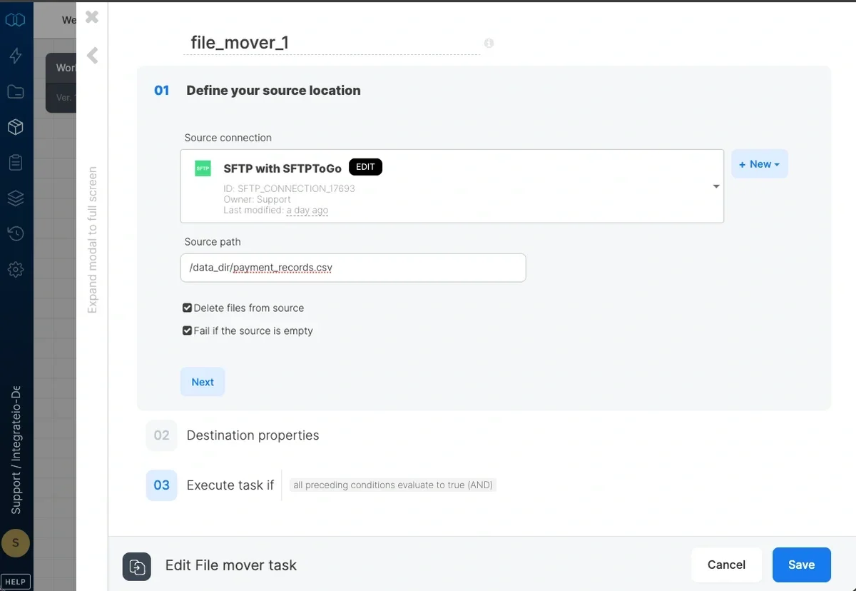 File mover task source connection and path configuration