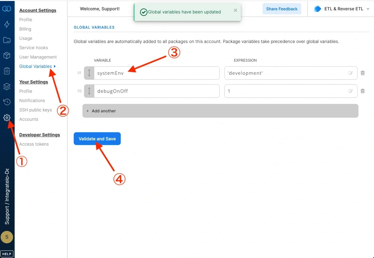 Global Variables settings page in Account Settings