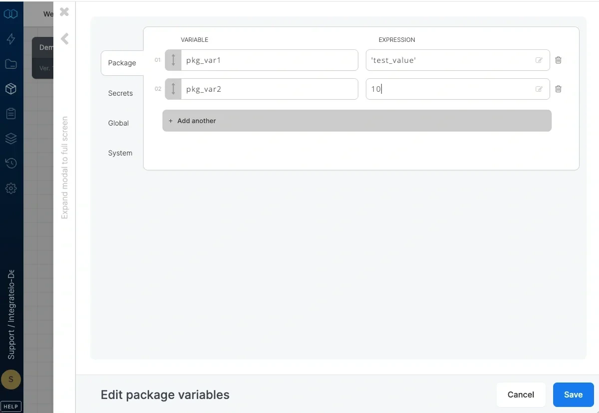 Package variable with name and expression value fields