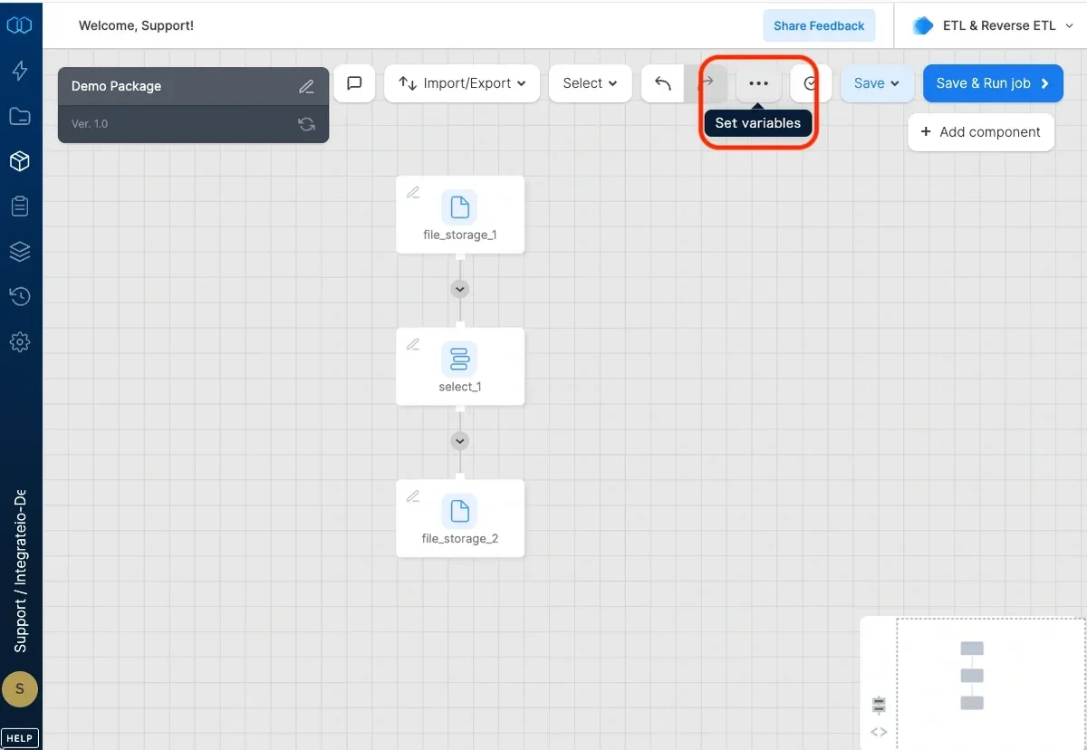 Variables panel in the package designer