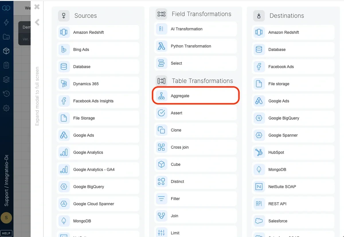 Aggregate component configuration panel