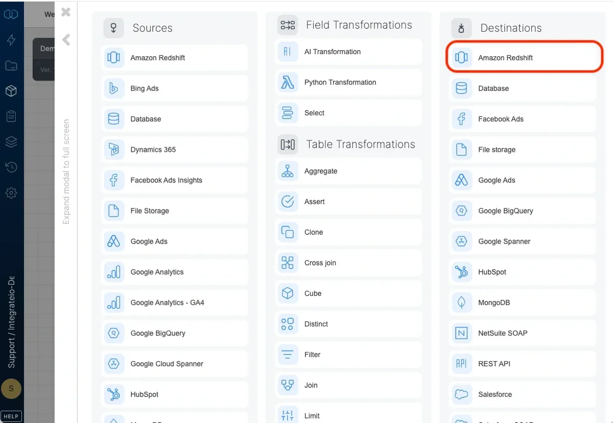 Amazon Redshift destination component in the pipeline designer