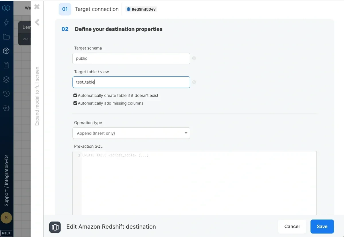 Redshift destination properties with schema, table, and auto-create options