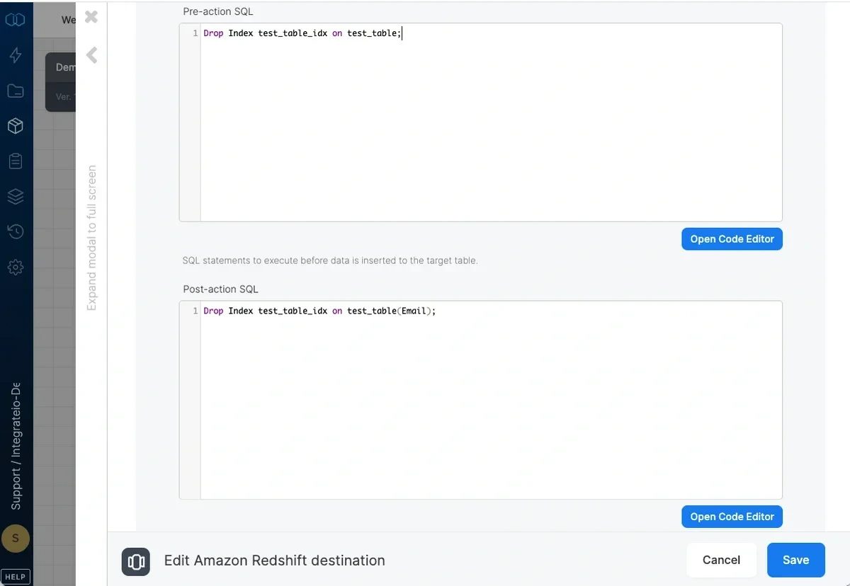 Pre-action and post-action SQL configuration fields