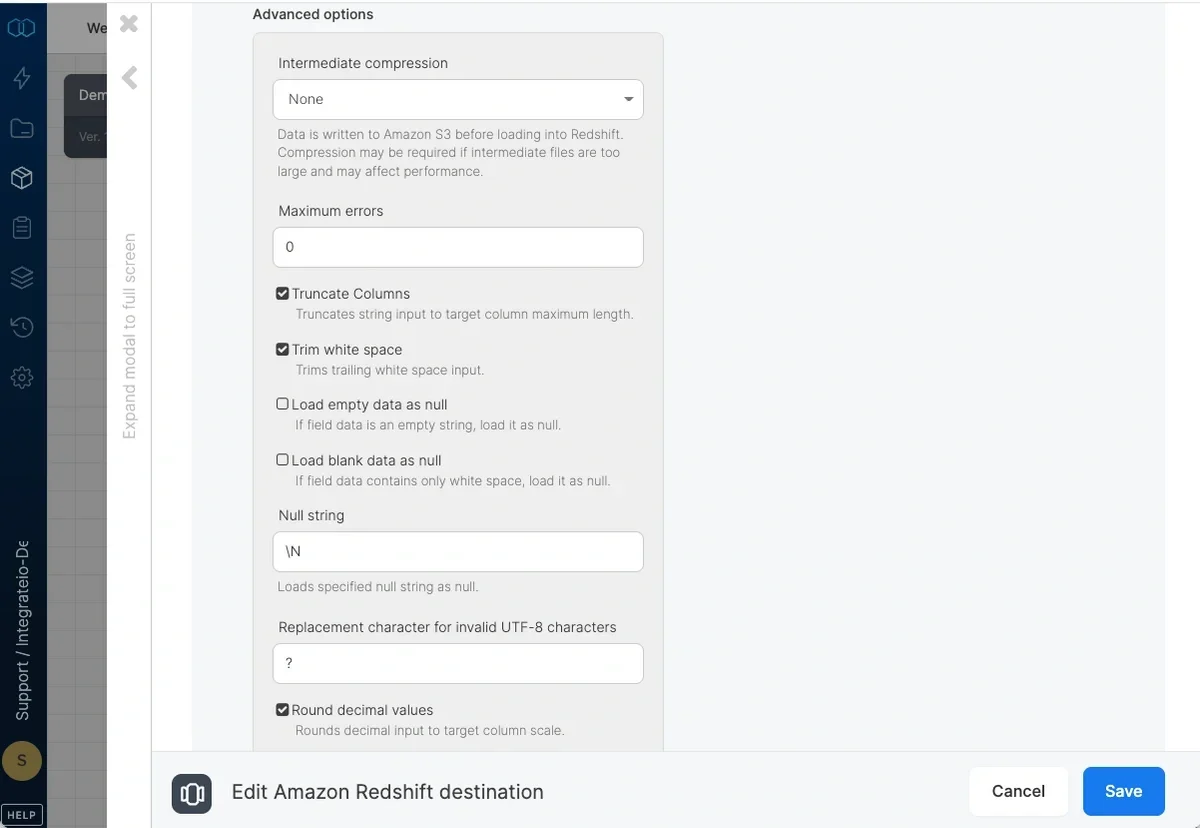 Advanced options including compression and error settings