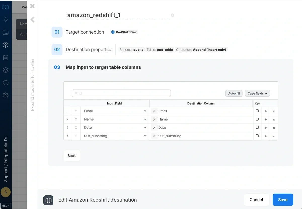 Schema mapping with field-to-column mapping and key selection