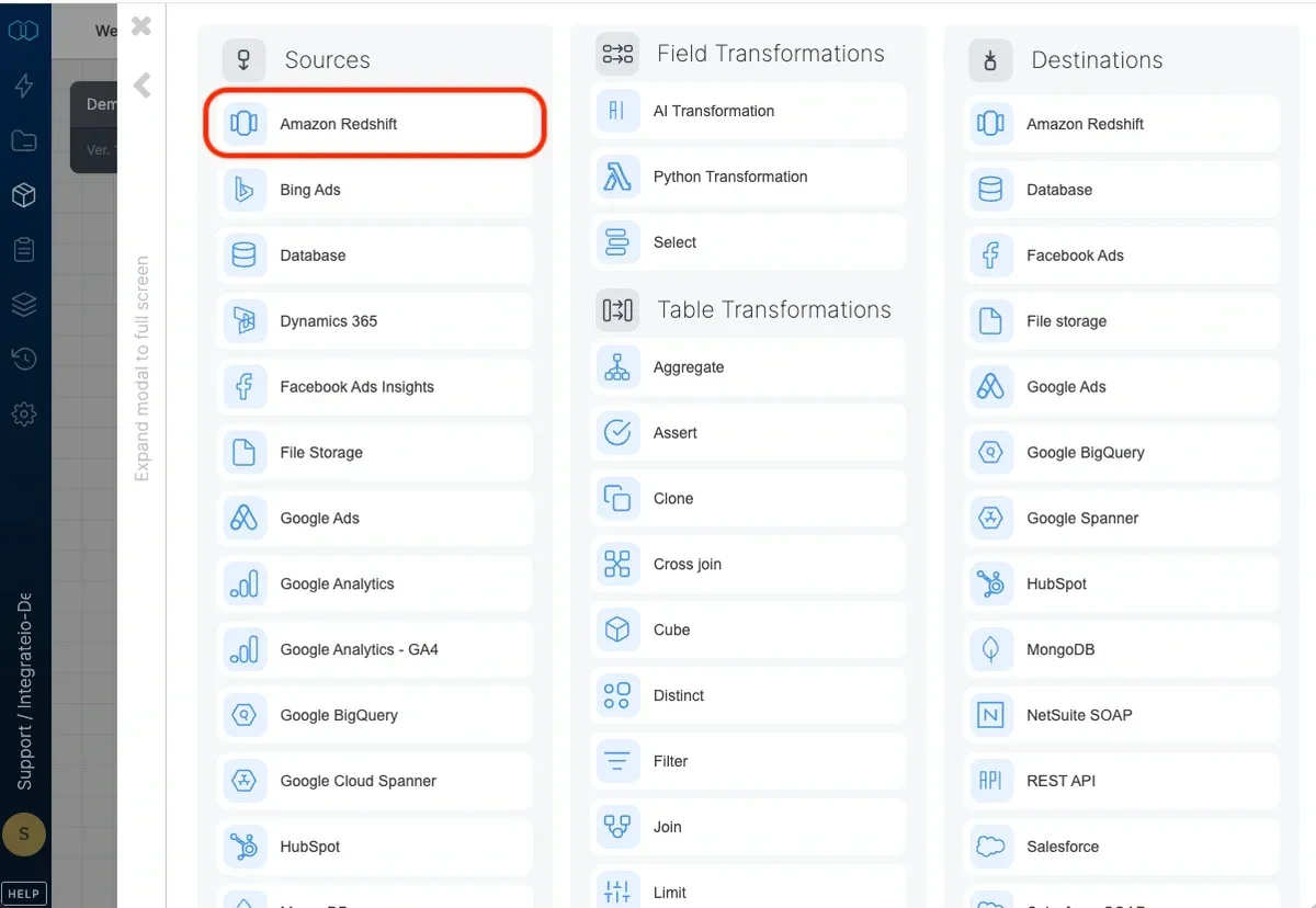 Amazon Redshift source component in the pipeline designer