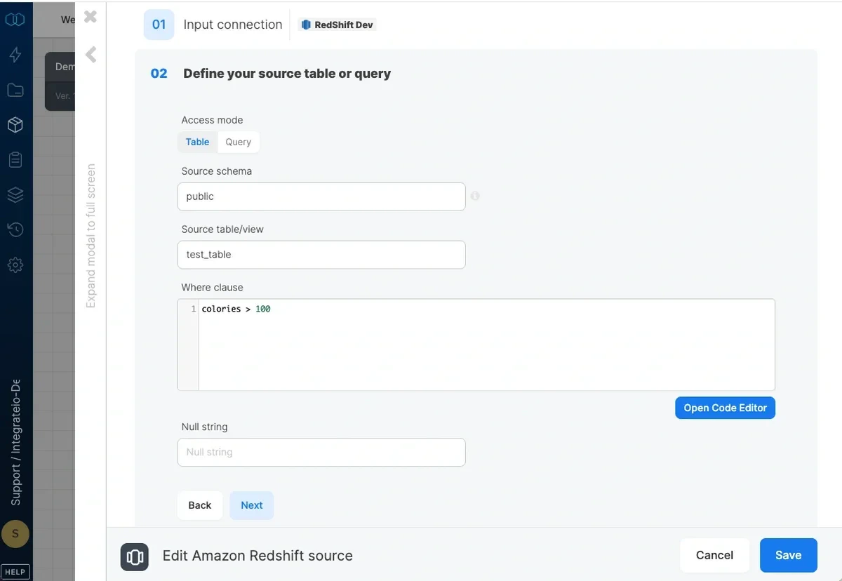 Redshift source properties with access mode, schema, table, and where clause