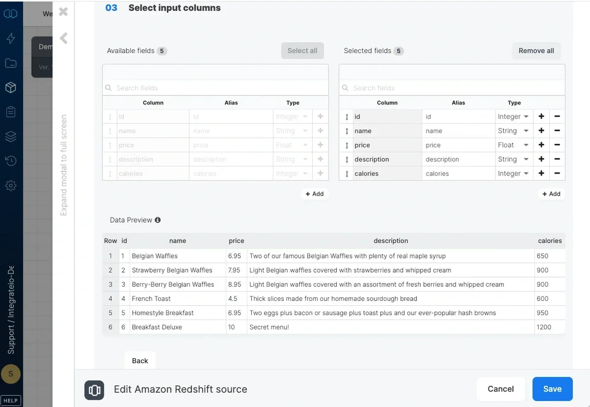 Source schema with field selection and data type mapping