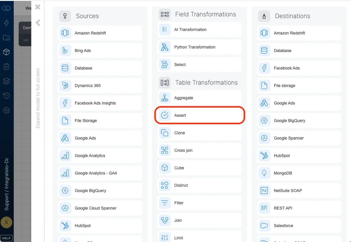 Assert component configuration panel