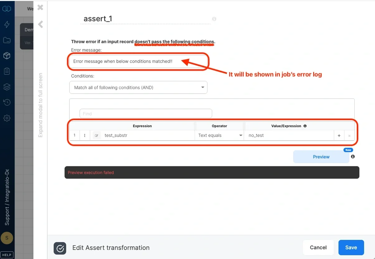 Error message field for failed assertion conditions