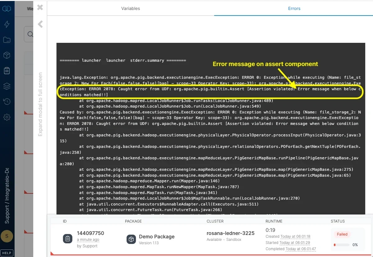 Error message displayed in the job error log