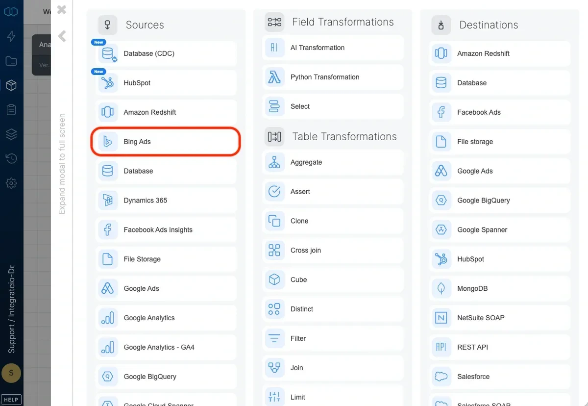 Bing Ads source component in the pipeline designer