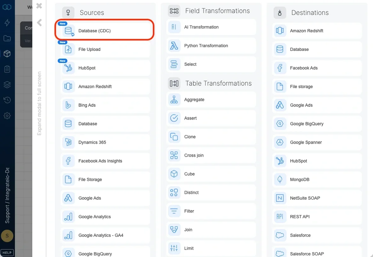 CDC Database source component in the pipeline designer