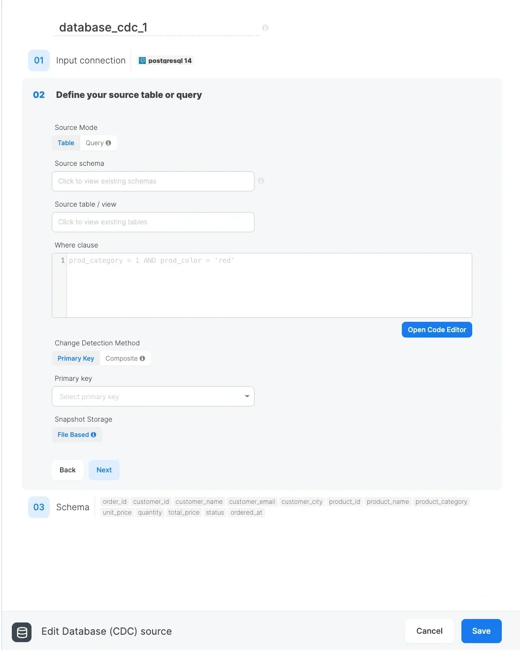 File Based snapshot storage configuration for table mode