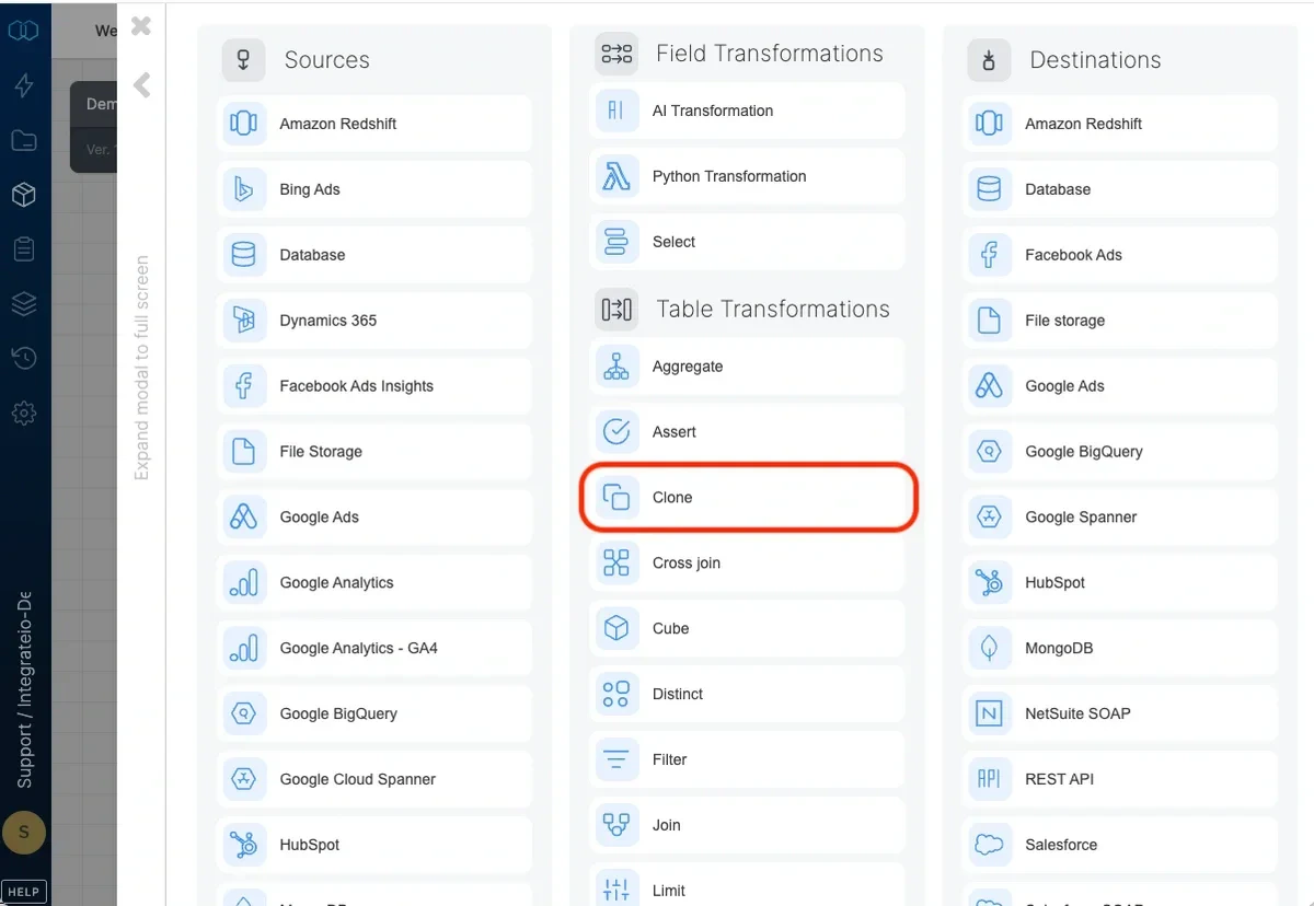 Clone component splitting a dataflow into multiple paths