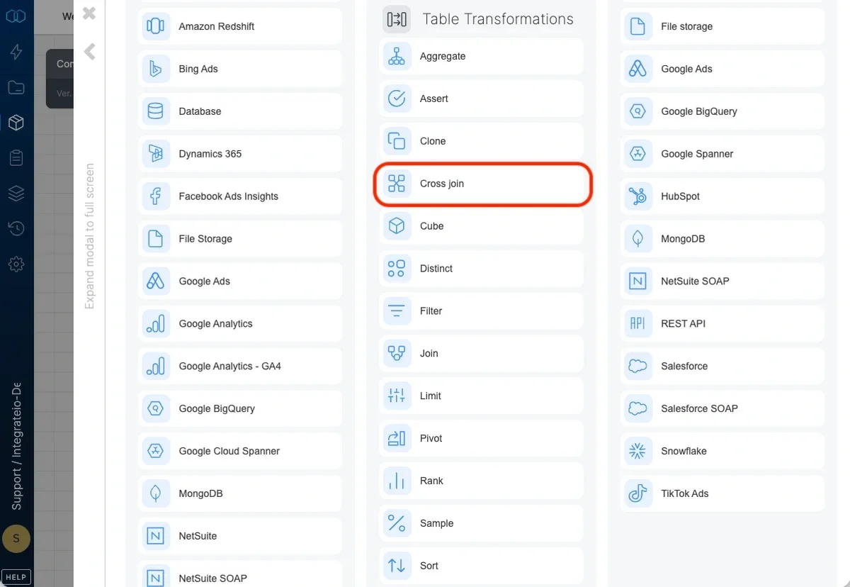 Cross Join component in the pipeline designer