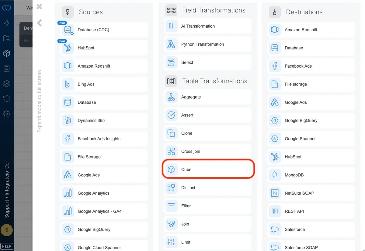 Cube component configuration panel