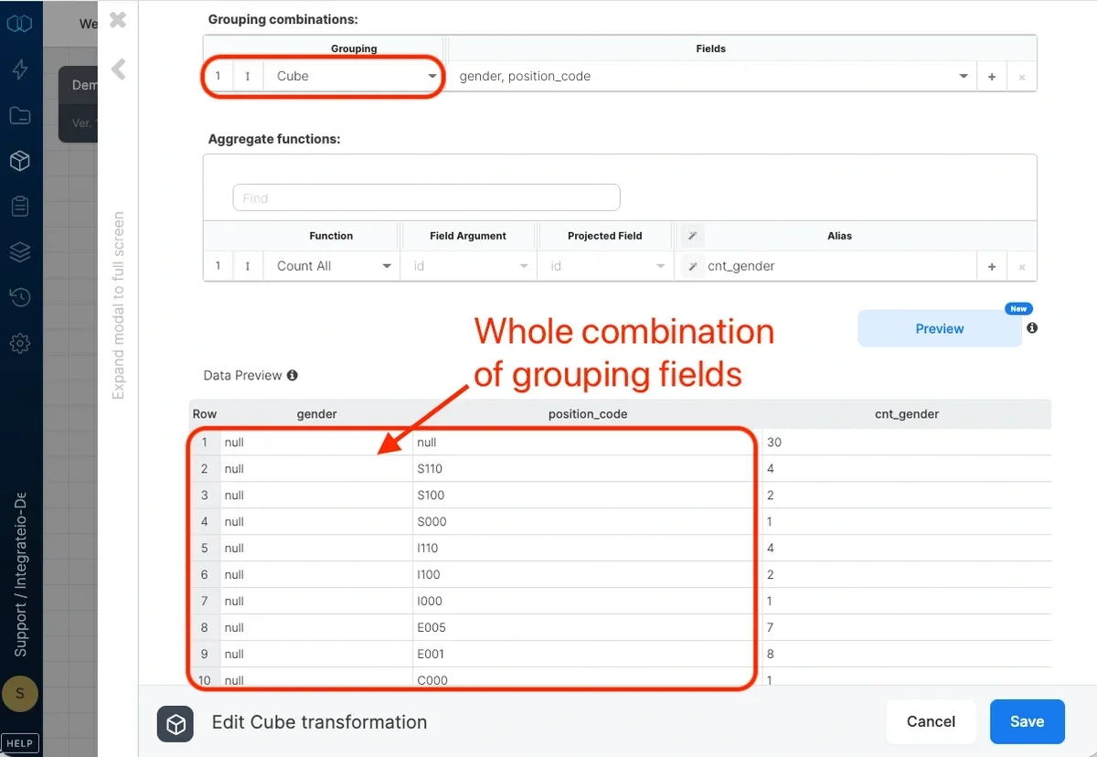 Selecting grouping dimension fields for the Cube