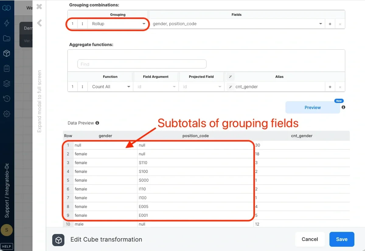 Cube grouping fields with multiple dimensions selected