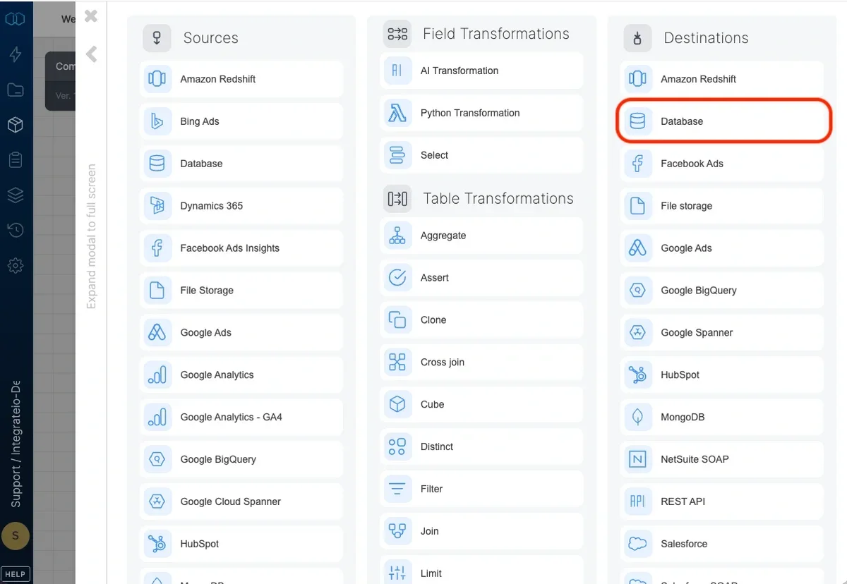 Database destination component in the pipeline designer
