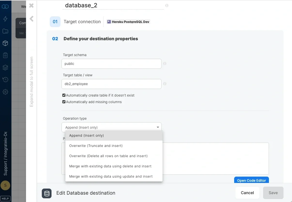 Operation type dropdown with append, overwrite, and merge options