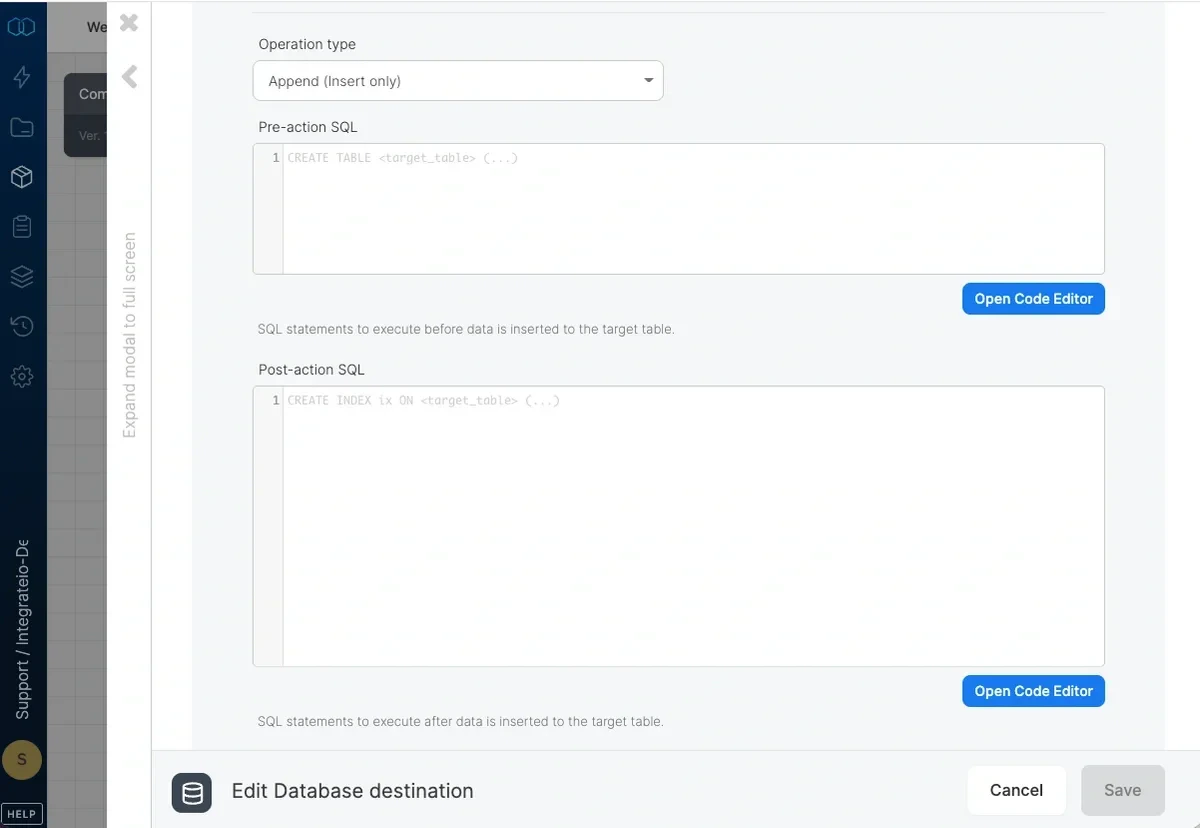 Pre-action and post-action SQL configuration fields