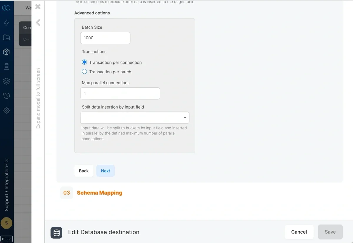 Advanced options with batch size, transactions, and parallel connections