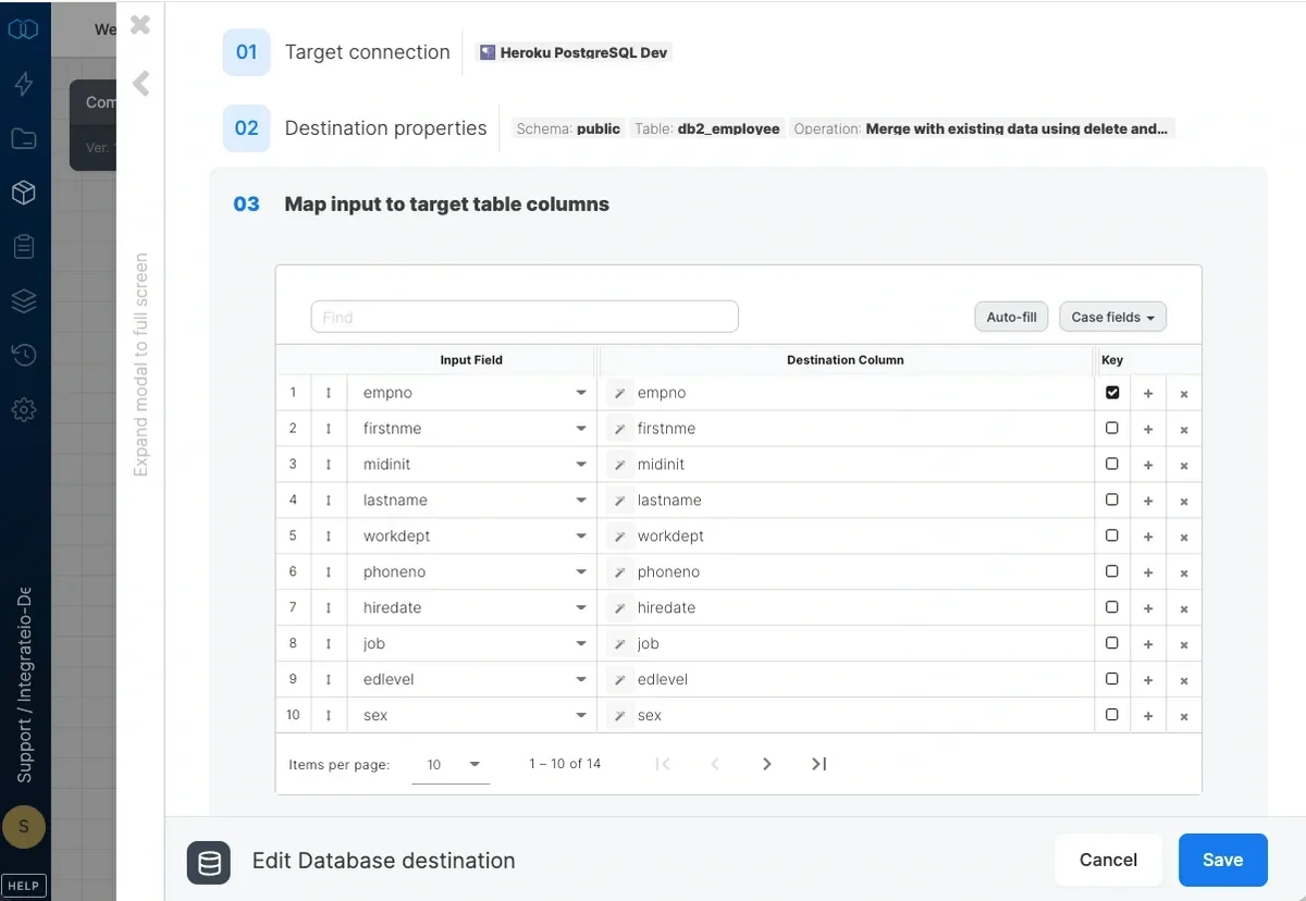 Schema mapping with field-to-column mapping and key selection