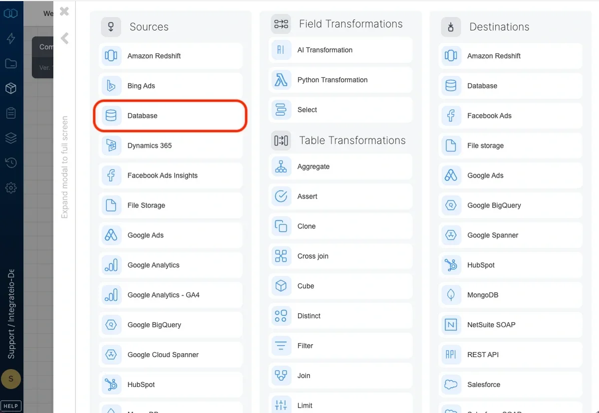 Database source component in the pipeline designer