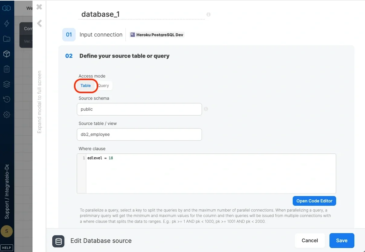 Database source properties with access mode, schema, and table fields