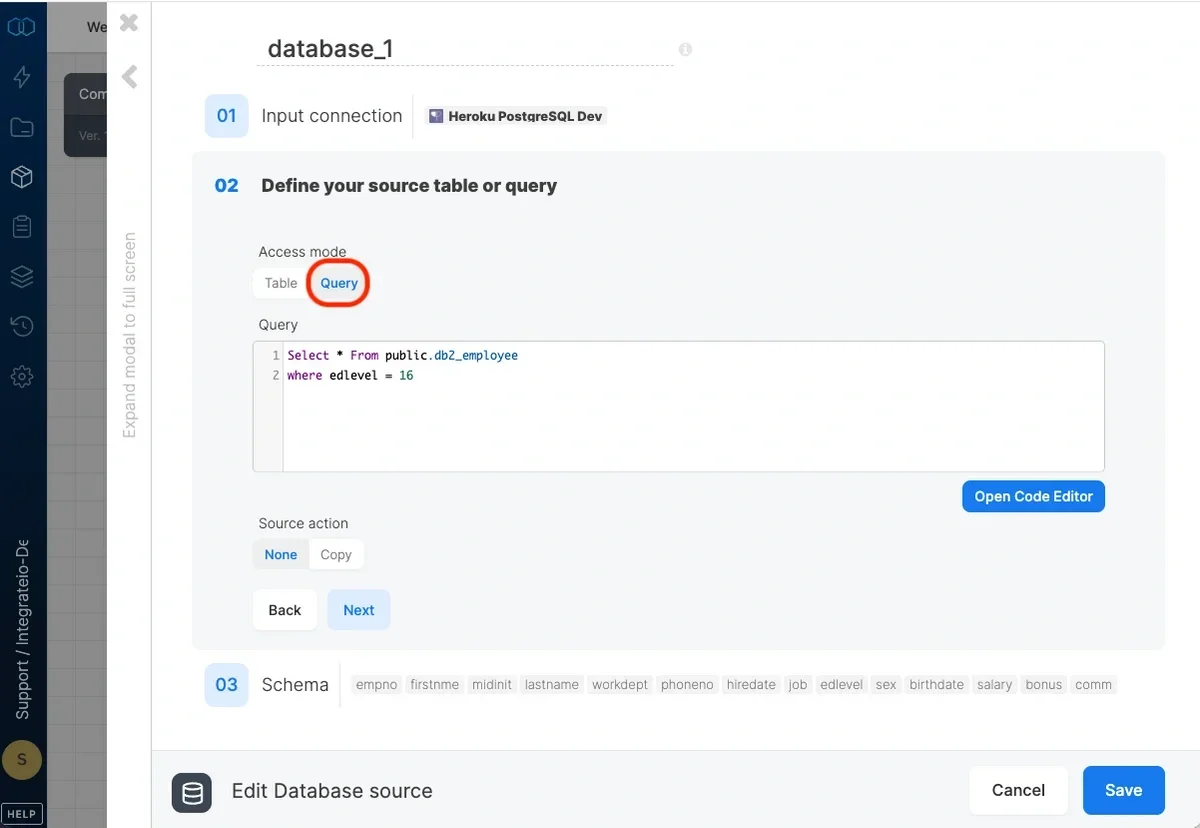 Source schema field selection with aliases and data types