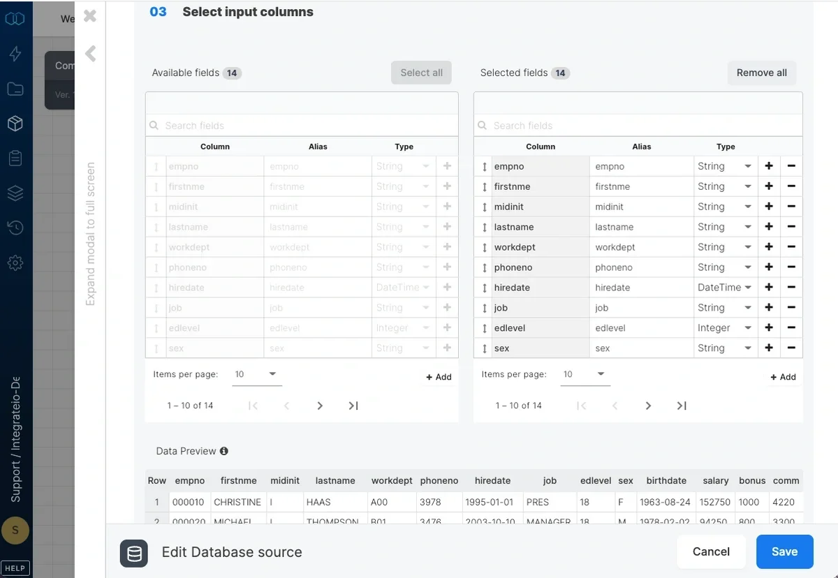Data type configuration for each schema field