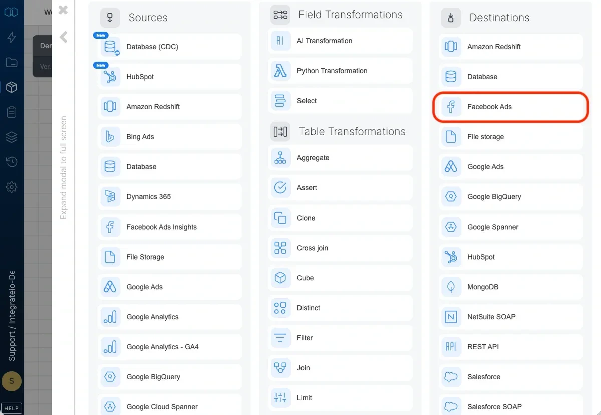 Facebook Ads destination component in the pipeline designer