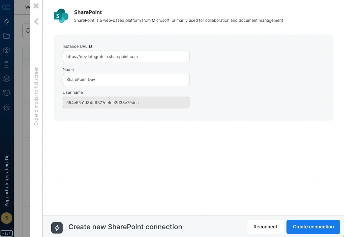 SharePoint connection name and configuration