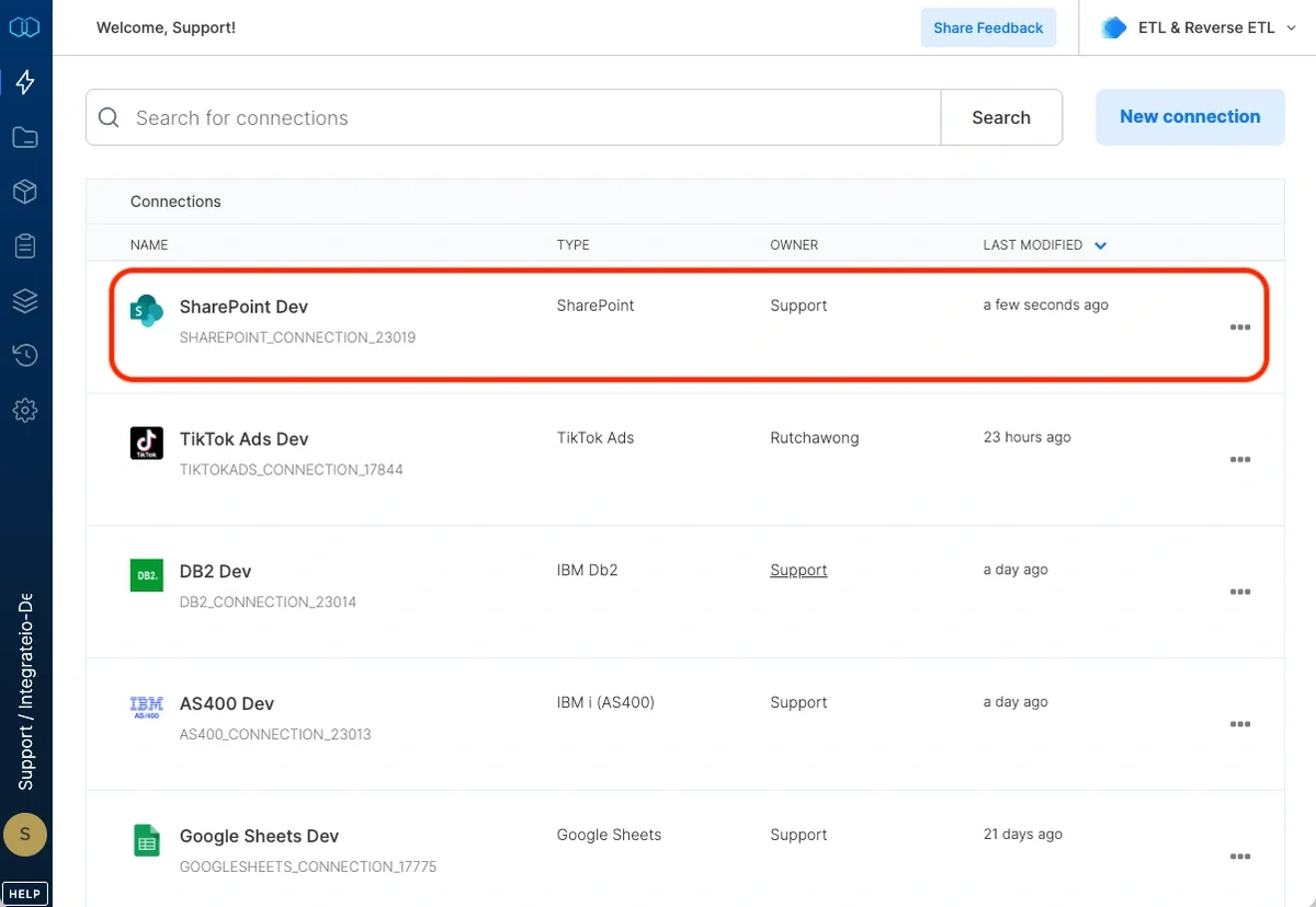 Completed SharePoint connection in Integrate.io