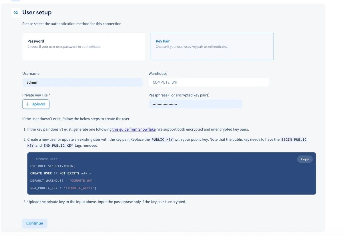 User setup step showing authentication method selection, username, warehouse, private key upload, and SQL script to create a Snowflake user