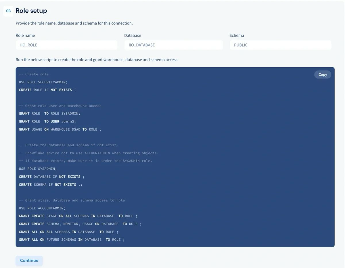 Role setup step showing role name, database, schema fields and SQL script to create the role and grant warehouse, database, and schema access