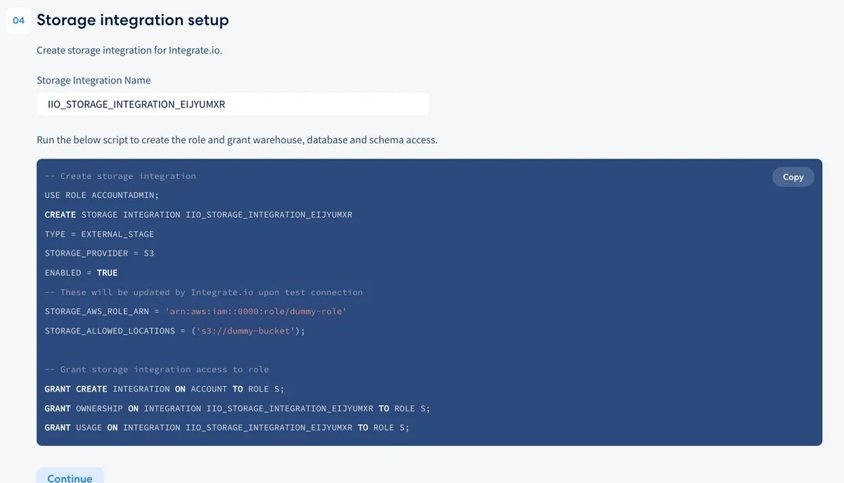 Storage integration setup step showing the storage integration name field and SQL script to create storage integration and grant access