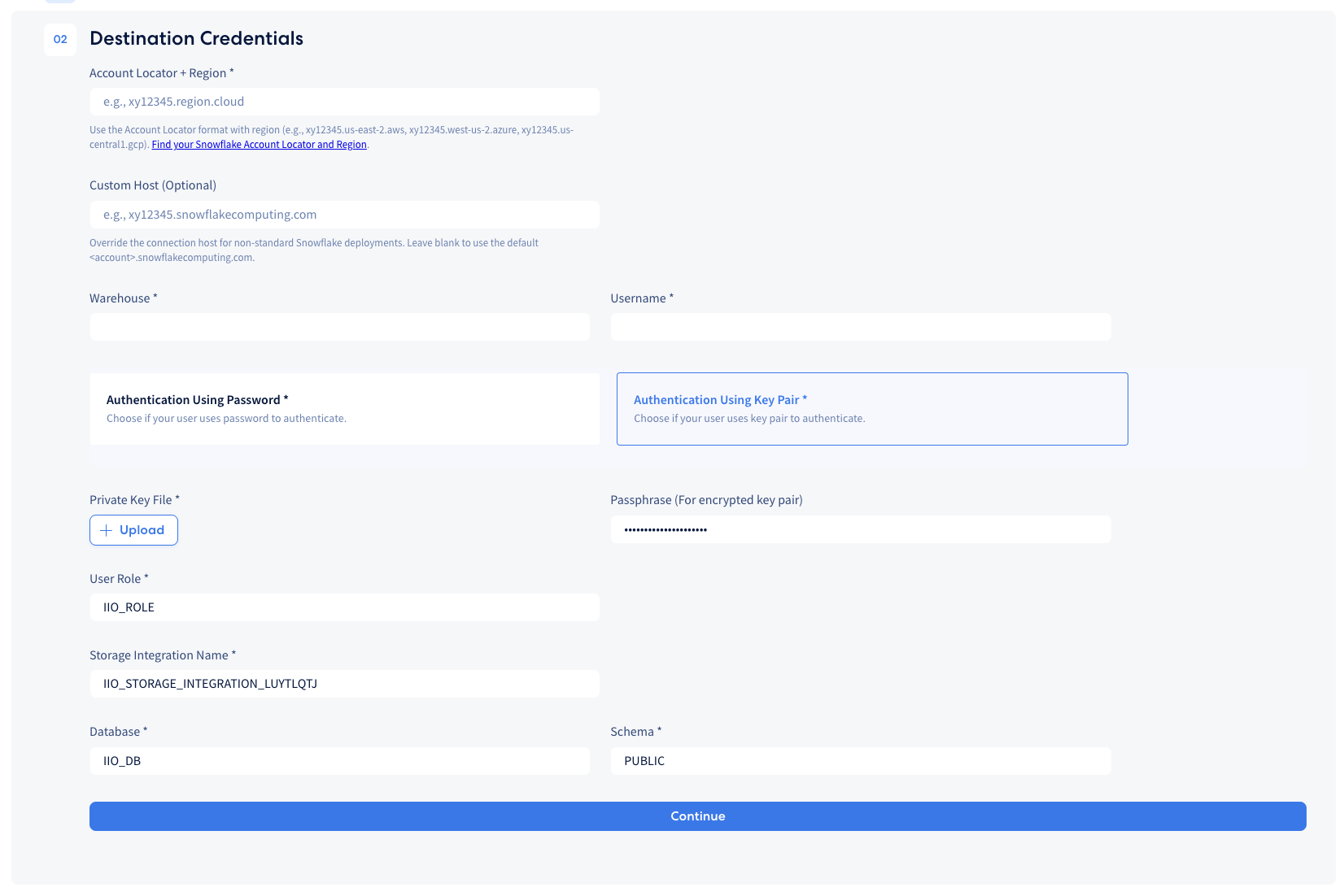 Destination credentials form showing Account Locator and Region, warehouse, username, authentication method, user role, storage integration name, database, and schema fields