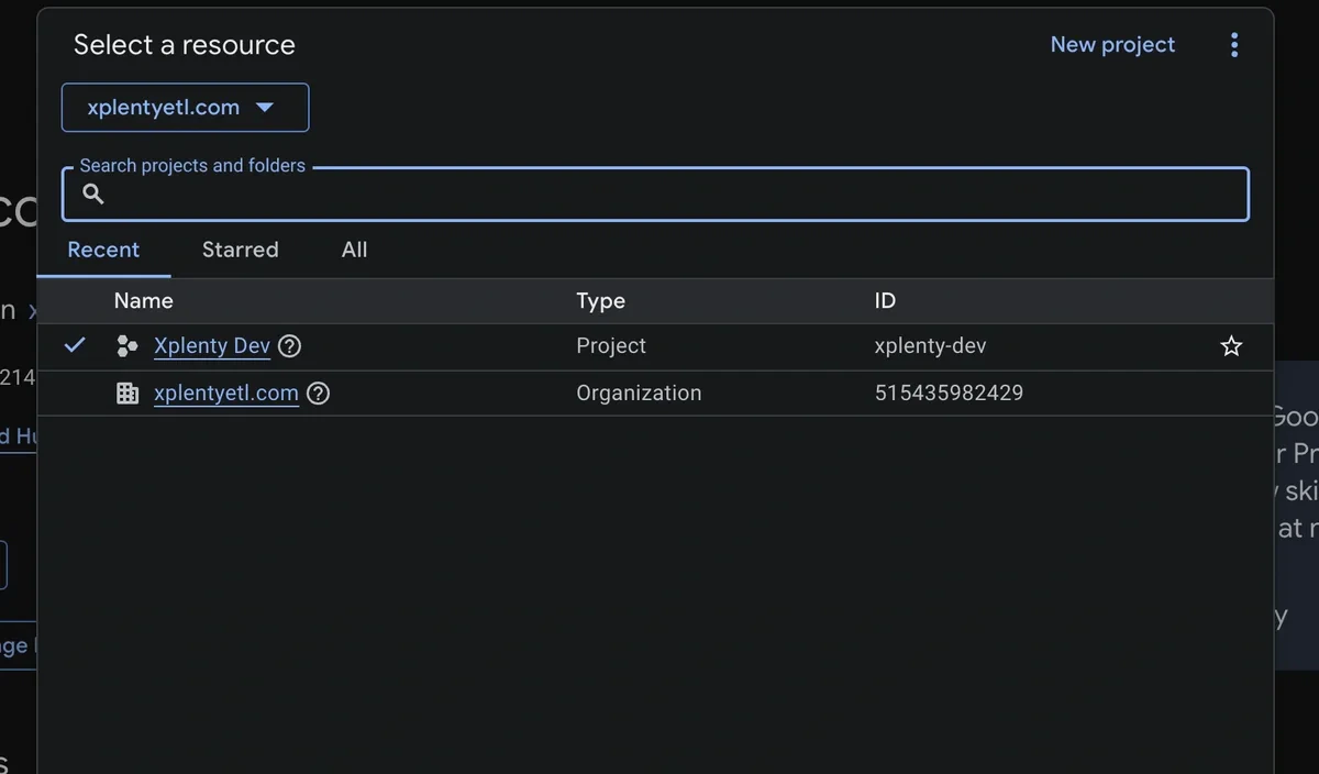 Creating a new project in Google Cloud Console