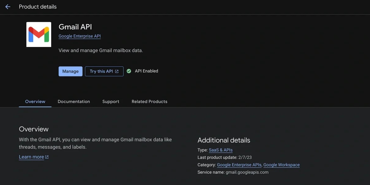 Enabling the Gmail API in Google Cloud Console