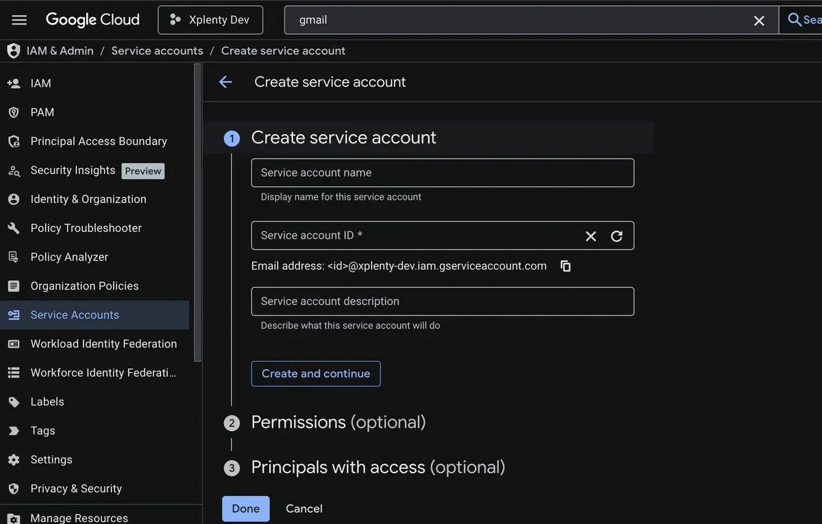 Creating a service account in Google Cloud Console