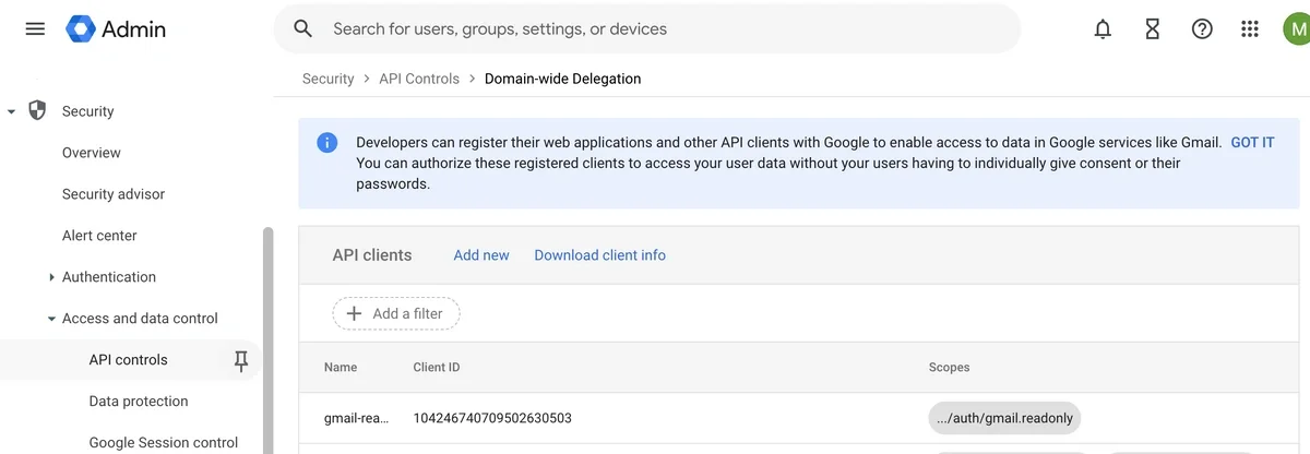 Authorizing API scopes in Google Workspace Admin
